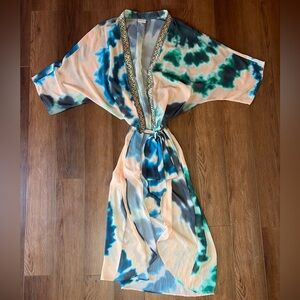 Suki So Tie-Dye Kimono Robe with Gold Trim